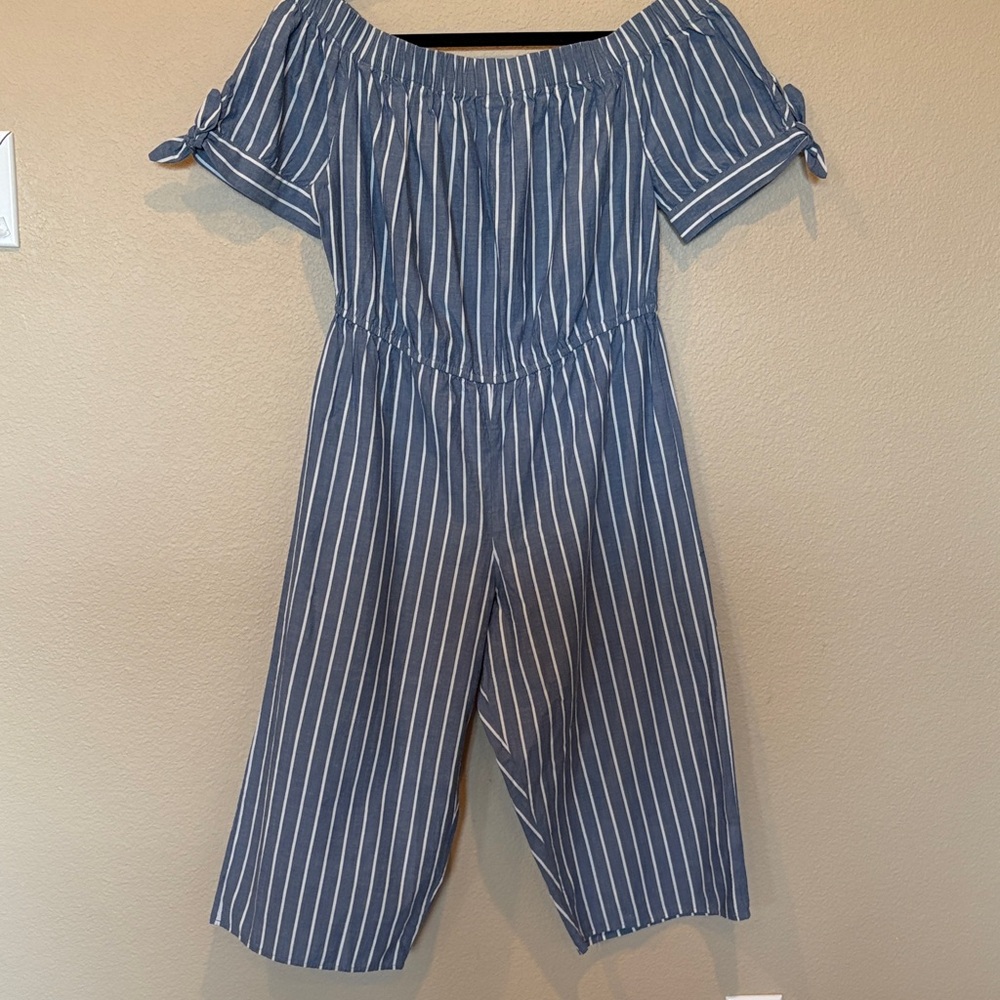 Y2K Off-Shoulder Striped Jumpsuit Tie details on Sleeve Wide Capri Legs